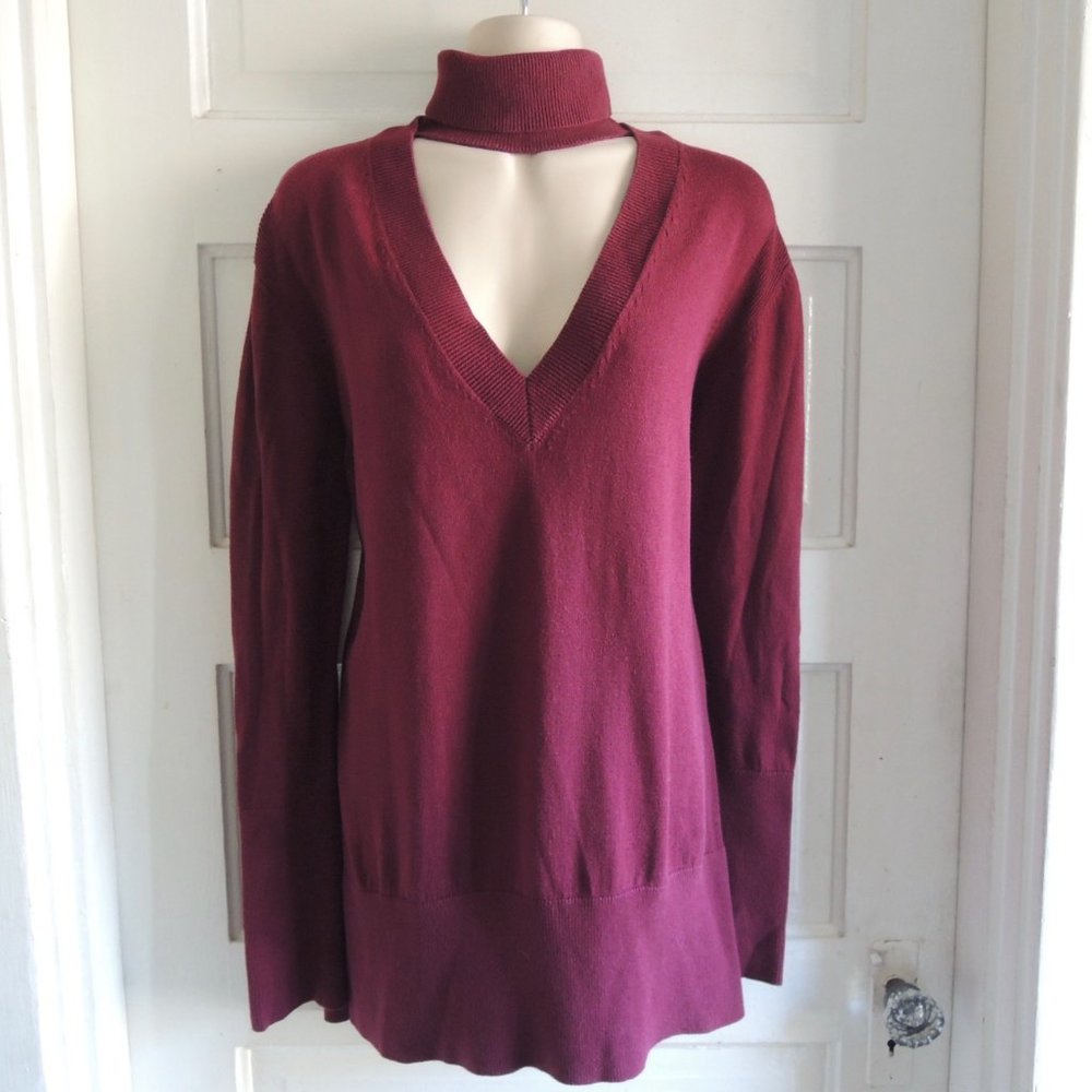Tome NYC Burgundy Amulet Sweater Merino Blend Cut Out Turtleneck L